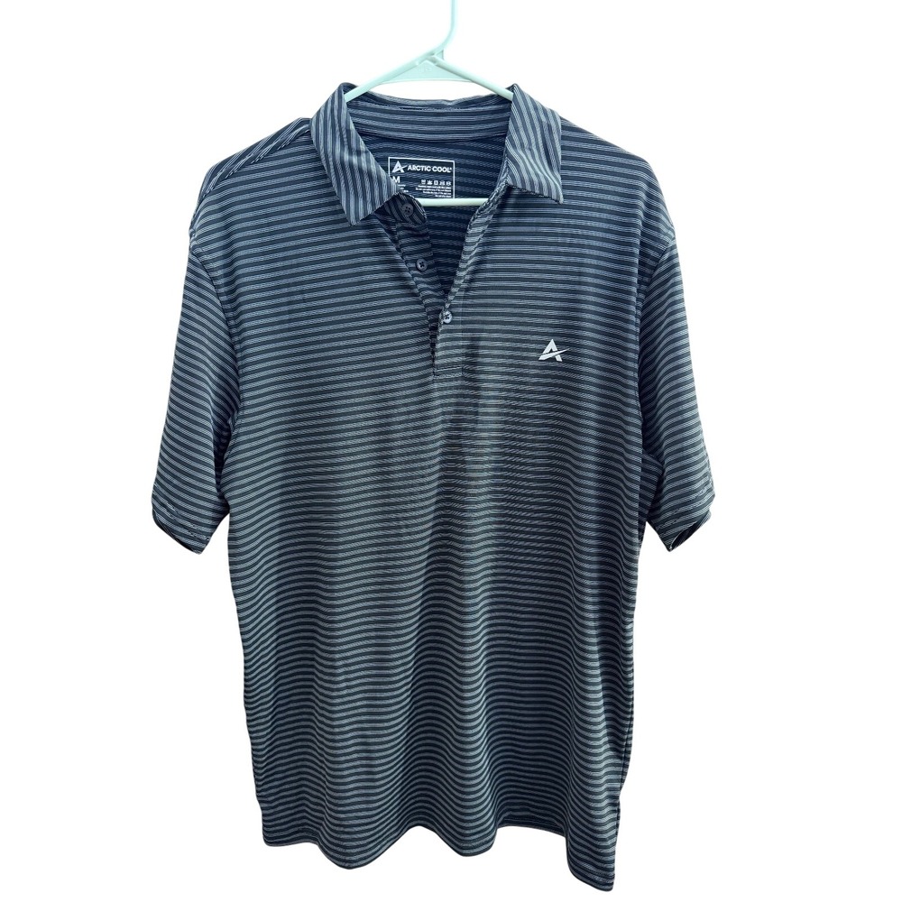 Arctic Cool Men's Medium Black Gray Striped Cooling Golf Performance‎ Polo Shirt